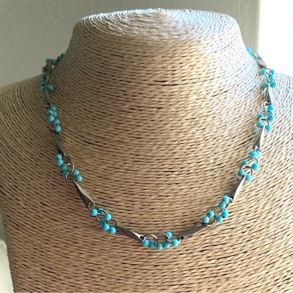 Silver tone + Turquoise seed beaded Necklace 17” unclasped Free W/ $50 Purchase